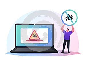 Protection of Computer Virus, Antivirus Software Concept. Tiny Male Character Stand at Huge Laptop Hold Banner with Bug