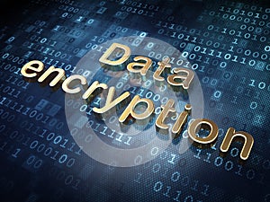 Protection concept: Golden Data Encryption on digital background