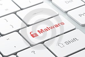 Protection concept: Opened Padlock and Malware on computer keyboard background