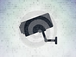 Protection concept: Cctv Camera on Digital Data Paper background
