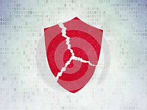 Protection concept: Broken Shield on Digital Data Paper background