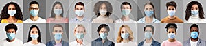 Protection during coronavirus pandemic. Set of diverse people faces in hygienic medical masks on grey backgrounds