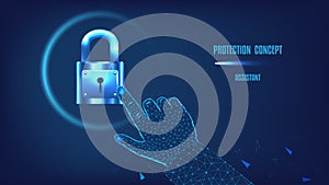 Protection, cybersecurity, security services concept. Safety of information and data. Closed lock and hand from triangles and