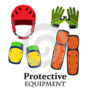 Protection equipment for bike, gear for bicycle in flat style. Helmet, knee pads, elbow pads, gloves in bright colors.