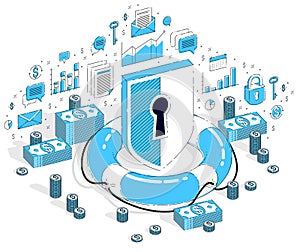 Protection of finances concept, Life Buoy and Shield with cash money dollar stack isolated on white background. Isometric 3d
