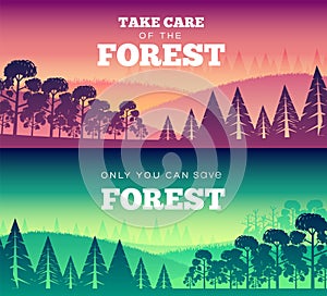 Protection of forests against fire Day. Take care of the forest illustration poster design. Flat vector banners style