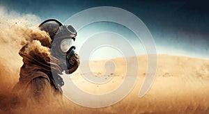 Protection from harmful particles. a man in the desert with a gas mask protecting him from sand and dust. Arid dry land.