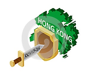 Protection of Hong Kong against coronavirus COVID-19. A coronavirus in the form of a sword attacks the country of Hong Kong,