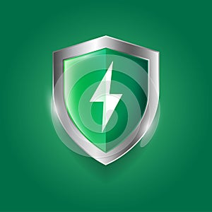 Protection icon. Glossy green shield with lightning. Antivirus and saving doc.