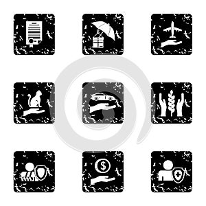 Protection icons set, grunge style