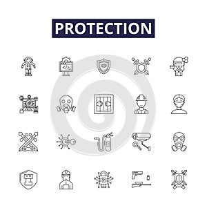 Protection line vector icons and signs. Safeguard, Shield, Secure, Defend, Preserve, Watch, Barrier, Deter outline