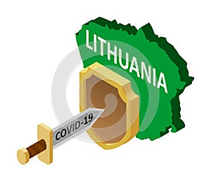 Protection of Lithuania against coronavirus COVID-19. A coronavirus in the form of a sword attacks the country of Lithuania,