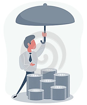 Protection money concept. Bag of coins under an umbrella. Secure investment, insurance. Shield to protect savings