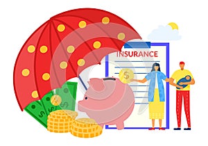 Protection money, safe finance concept, vector illustration, tiny man woman couple character with insurance document