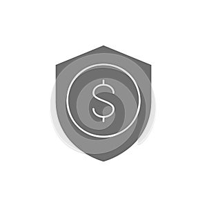 Protection money, shield with coin, money safety , insurance grey fill icon. Finance, payment, invest finance symbol