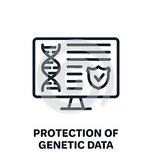 Protection of Online Genetic Data Line Icon. Private Dna Information on Computer Screen with Shield Linear Pictogram