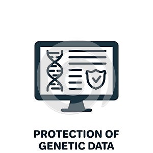 Protection of Online Genetic Data Silhouette Icon. Private Dna Information on Computer Screen with Shield Pictogram