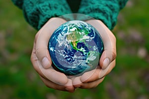 Protection of our planet symbolized by hands enveloping a small, detailed Earth.