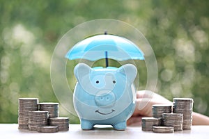 Protection,Piggy bank with hand holding the umbrella on natural green background, Finance insurance and Safe investment concept