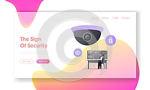 Protection Property, Monitoring Control Landing Page Template. Man Safeguard Looking at Multiple Monitors
