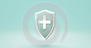 Protection safe shield or safety guard virus defense on secure background with white medical cross. 3D rendering