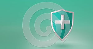 Protection safe shield or safety guard virus defense on secure background with white medical cross. 3D rendering