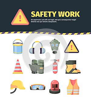 Protection safety work tools set. Manufacture items special work gloves headphones from high decibels yellow helmet gas photo