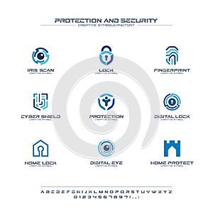 Protection and security creative symbols set, font concept. Home, people secure abstract business logo. Safe lock