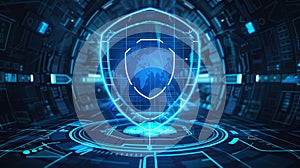 Protection shield on blue digital background. Cyber security concept. Data protection in High-tech system