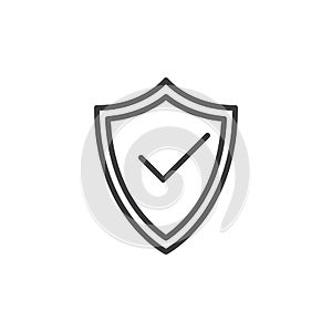 Protection shield with check mark line icon, outline vector sign, linear style pictogram isolated on white. Symbol, logo illustrat