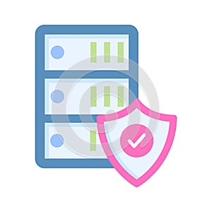 Protection shield with database servers showing concept flat icon of secure server, database security