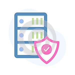 Protection shield with database servers showing concept flat icon of secure server, database security