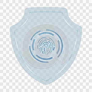 Protection shield encoded fingerprint icon. Safety finger scan concept badge. Privacy dactylogram banner. Security defense label.