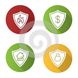 Protection shields flat design long shadow icons set