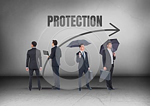 Protection text and Group of Businessmen with umbrellas looking in opposite directions
