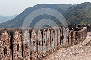 Protection wall and ramparts. Third largest wall boundary, Amer fort, Jaipur