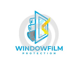 Protection window film from solar and shockproof, logo design. Safety, window, reflected sunbeam or sunlight and rolls with protec