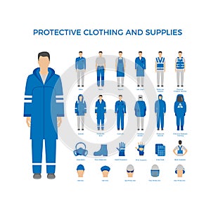 Protective clothes and equipment icons set for industry of construction