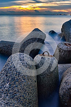 Protective concrete tetrapods protecting from high waves and tsunamis, Japan