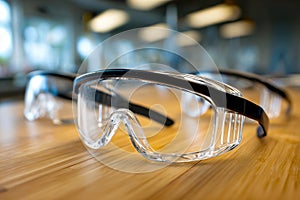 Protective eyewear with clear lenses and black frames placed on wooden surface in a well-lit modern workspace environment