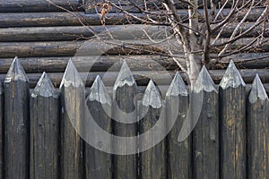 A protective fence made of logs with sharp upper ends, used in ancient Russia to protect against enemies