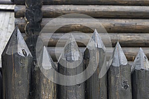 A protective fence made of logs with sharp upper ends, used in ancient Russia to protect against enemies.