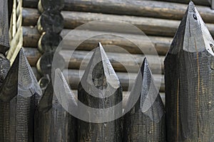 A protective fence made of logs with sharp upper ends, used in ancient Russia to protect against enemies.