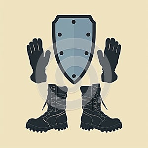 Protective Gear Layout: Shield, Gloves and Boots for Safety, Security, Protection