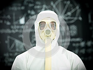 Protective geared person in front of blackboard