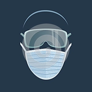 Protective glasses and medical respiratory mask. Easy apply to any face front view.