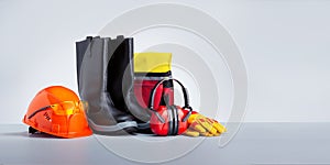 Protective hard hat, headphones, gloves, boots and glasses on grey background.