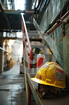 protective helmet bottle in the background stairs factory occupational health and safety