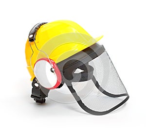 Protective helmet, earmuffs and face shield.