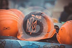 Protective helmets on barricades of euromaidan. Kiev. Ukraine